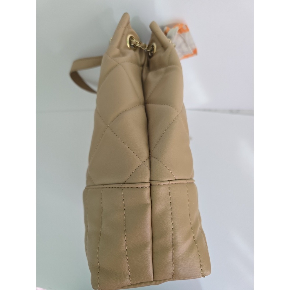 Steve Madden Quilted Tote Bag Womens Large Tan Excellent‎ Scarf Chain Detail - Picture 11 of 16
